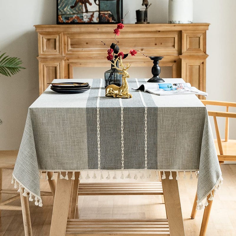 Pahajim Striped Tablecloth Rectangle with Tassels Thick Linen Cotton Table Cloth for Outdoor Picnic Dining and Holiday Kitchen Decor Rectangle/Oblong,55''x71'', 4-6 Seats - Image 1